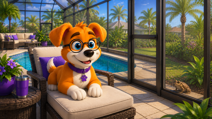 Dog relaxing safely on a Florida screened pool cage kept free of cane toads