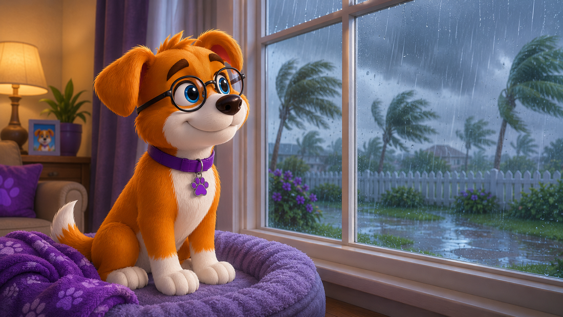 Dog watching a rainy Florida backyard with puddles during hurricane season